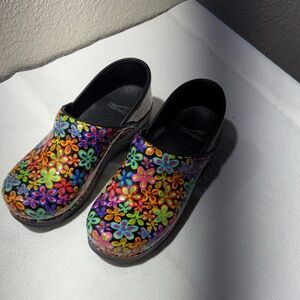 Dansko Kids Black Floral Clogs with Bright Multicolor Flowers